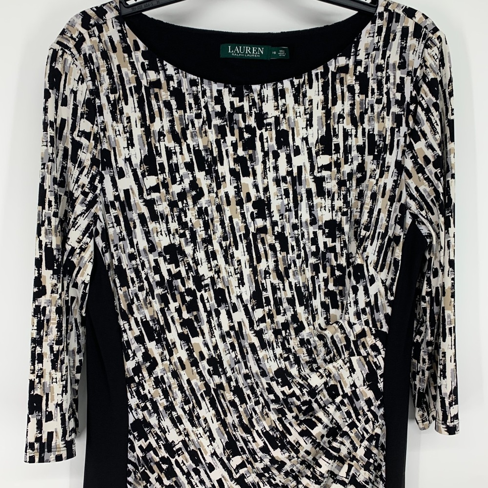 Lauren Ralph Lauren Dress Womens 16 Black Geo Print Colorblock 3/4 Sleeve Jersey - Picture 4 of 10